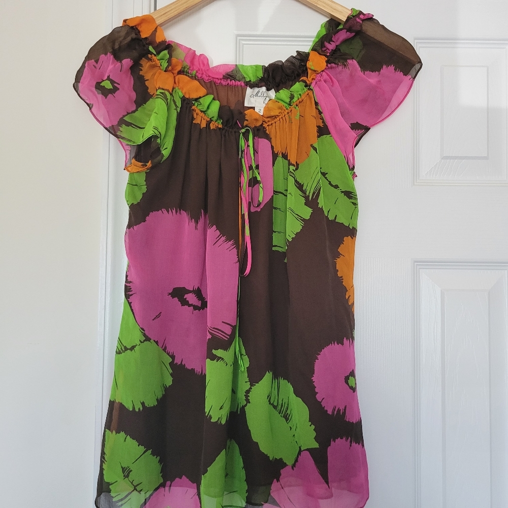 Milly NY Silk Semi Sheer Drawstring Top